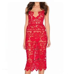 For Love & Lemons cherry Red Lace Midi Dress Bodycon Adjustable Straps size XS